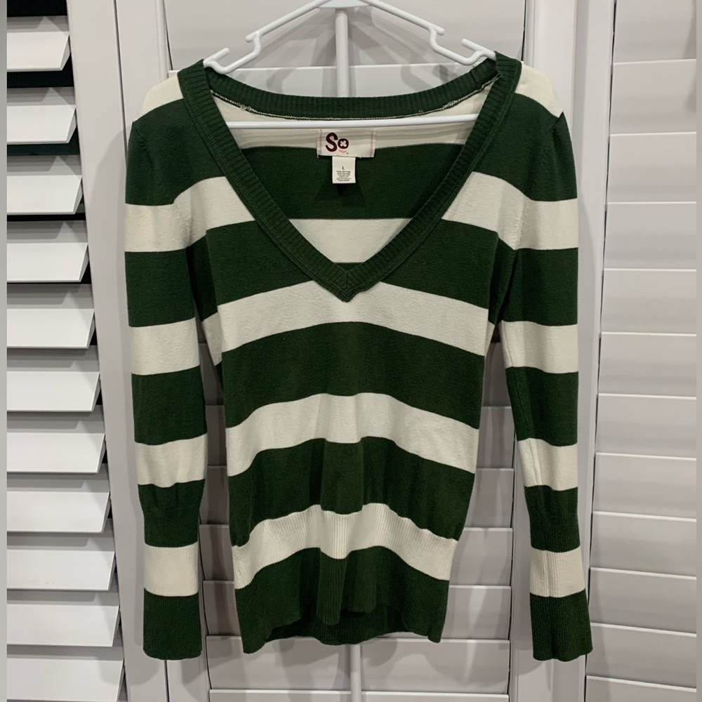 SO Green and White Striped V-Neck Sweater